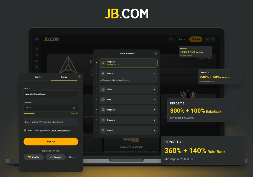 Sign up form, deposit bonuses and VIP tiers